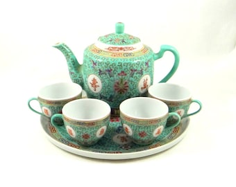 Vintage Chinese Tea Set -Zhongguo Jingdezhen- Mun Shou Longevity Pattern