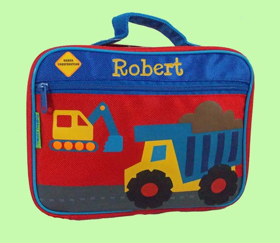 Stephen Joseph Child's Personalized CONSTRUCTION Themed Lunch Box In Red-Monogramming Included in the Price-Pink & Purple
