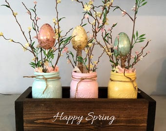 Easter table decor, mason jar decor, spring centerpiece, mantle decor, planter box, wooden table box, farmhouse decor, Easter centerpiece
