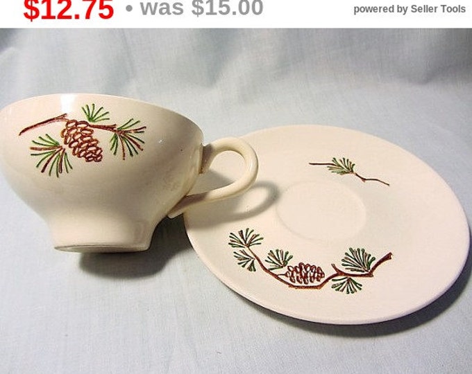 Made in USA Pottery Pine Cone Cup and Saucer, Stetson Marquest Pine Cone Pattern, Country Cabin Pine Tree Serving Set, Coffee Set Vintage