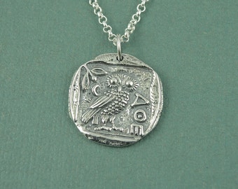 Owl Necklace - Sterling Silver Athena Owl Pendant Jewelry, Athena Necklace, Greek Jewelry, Coin Necklace, Trendy Necklaces, Birthday Gift,