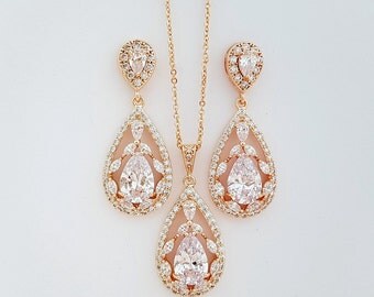 Rose Gold Bridal Set, Wedding Earrings and Necklace Set, Cubic Zirconia, Pink Gold, Large Teardrops Bridal Jewelry Crystal, Essy