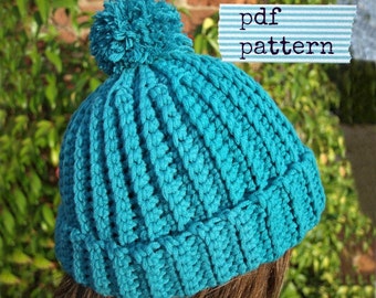 Crochet Beanie PATTERN, Crochet hat pattern, Easy crochet pattern, Easy Ribbed Beanie pattern (C107) - Toddler, Child, Adult sizes