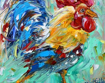 Happy Rooster painting original oil 6x6 palette knife impressionism on canvas fine art by Karen Tarlton