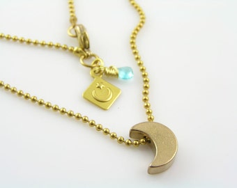Crescent Moon Necklace, Moon Jewelry, Moon Necklace with Apatite Drop, Cute Necklace, Gift Idea, Classic Jewelry, Gold Moon