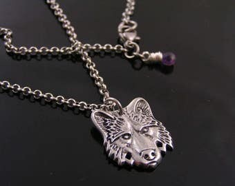 Wolf Pendant Necklace, Wolf Jewelry, Wolf Head Necklace, Wolf Pendant, Wolf Necklace, Amethyst Necklace, Australian Shops, Aussie Sellers