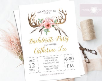 Printable Bachelorette Invitation, Printable, Hens Night Invite, Boho Chic Invitation, Boho, Antler Bridal Shower Invite, jadorepaperie