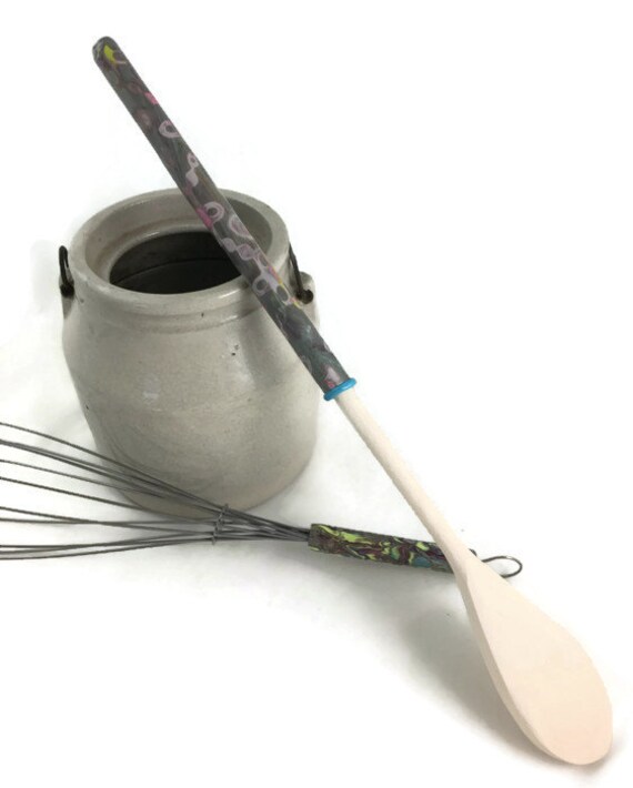 Long wooden spoon and whisk set with unique clay handles
