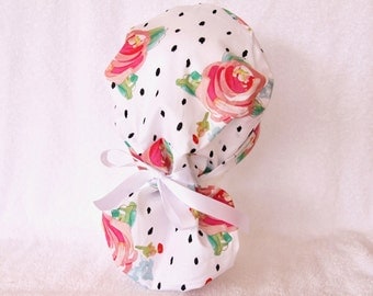 PonyTail Surgical Scrub Cap - Scrub Hat - White Modern Flower Print, Polka Dots, Pony Style, Pony Tail Scrub Cap