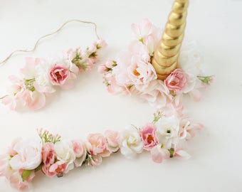 Unicorn horn, flower crown and bridle halter flowers blush pink gold accessory rocking horse carousel horse pony clip photography prop