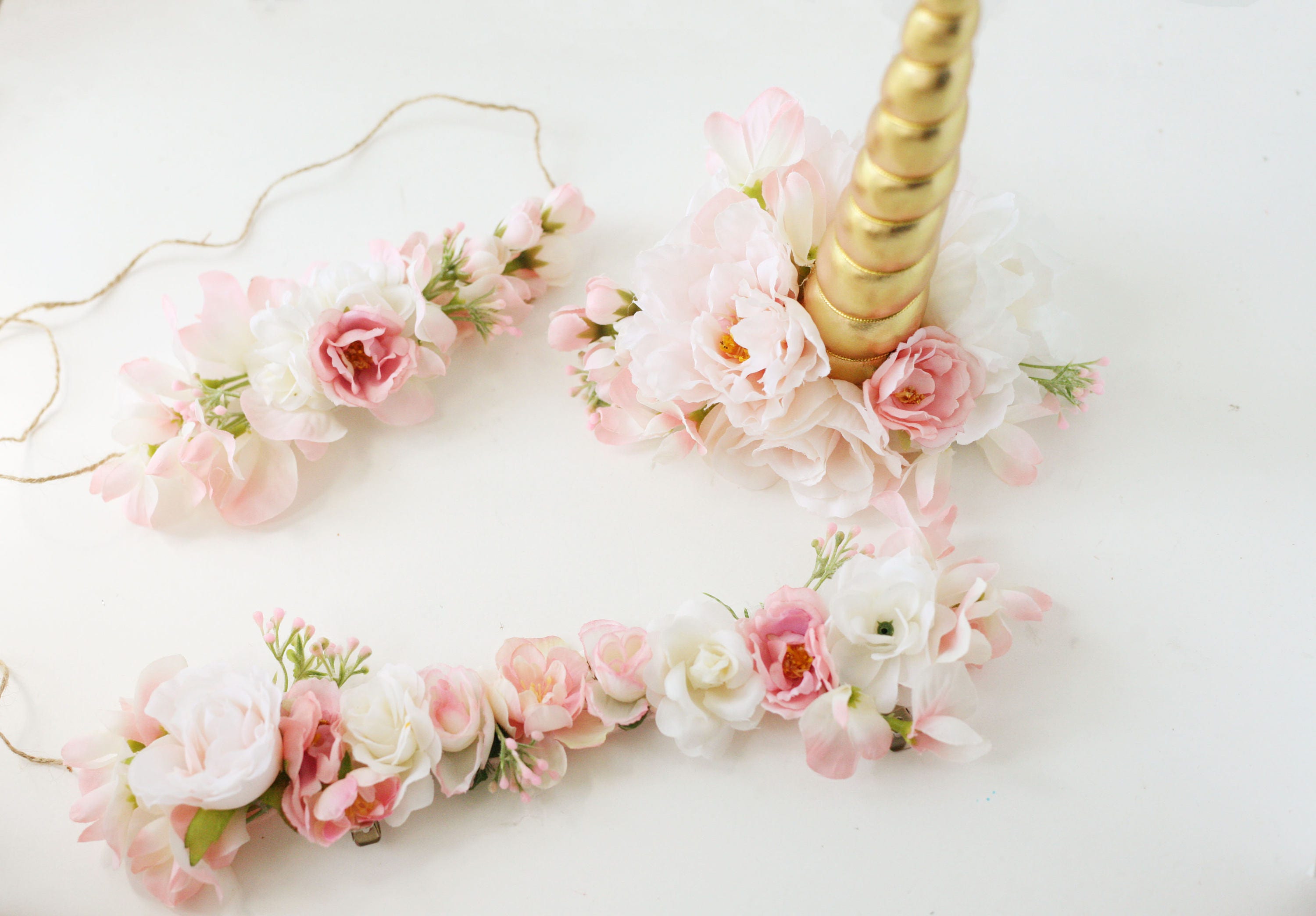 Unicorn horn flower crown and bridle halter flowers blush