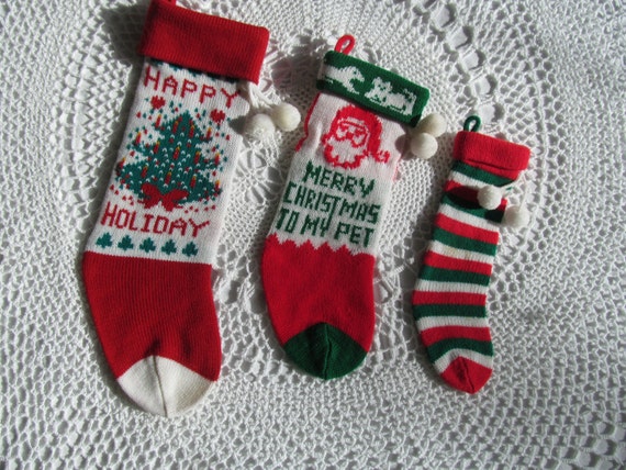 3 Vintage Machine Knit Christmas Stocking Tree Pet Stripes