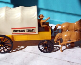 Vintage Processed Plastics Co toy Oregon Trail Covered Conestoga wagon with 2 horses to pull it
