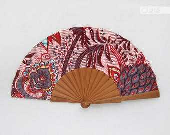 African Baroque print modern ethnic accessory by Olele - Red - Wooden hand held fan with case - hand fan eventail abanico faecher