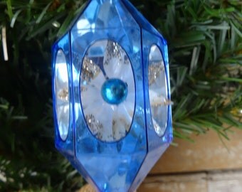Vintage Jewel Brite Blue Hard Plastic Christmas Ornament With A Poinsettia