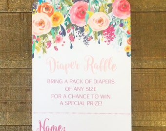 digital floral baby shower diaper raffle cards, printable flower diaper raffle card, floral header baby shower card, baby shower diaper card