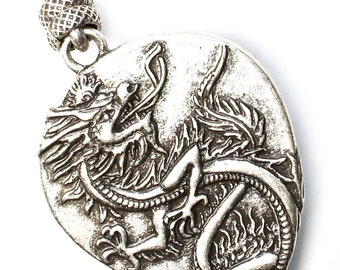Silver Dragon Black Onyx Pendant Necklace Game of Thrones Jewelry Double Sided VINTAGE