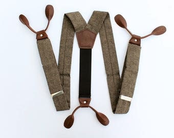 Brown Button On Braces // Dark Brown Leather // Vintage Style Suspenders // mens suspenders// Espresso Linen// Fancy Suspenders