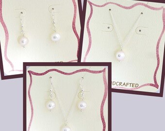 White Freshwater Pearl Earrings, Necklace, or Set in Sterling Silver, White Pearl Jewelry, Layering, Genuine Pearl Set, Custom Length
