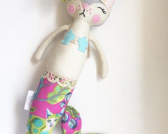 Merkitty cloth doll, bespoke fabric doll fuscia and grey