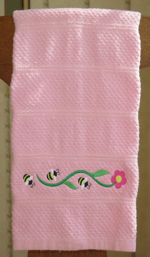 Spring Flower Bees Machine Embroidered Pink Kitchen Towel Tea