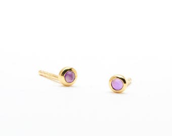 Minimal Amethyst Stud Earrings, Sterling Silver, Gold Plated, Birthstone Earrings, Modern, Lunaijewelry, Hand Made Gift for Her, STD081AMT