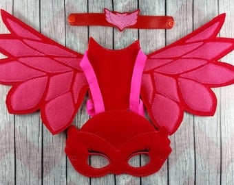 Red Owl super hero set~pajama hero owl wings~ snap bracelet and mask~felt mask~nighttime hero~Halloween~not so scary~owlette hero