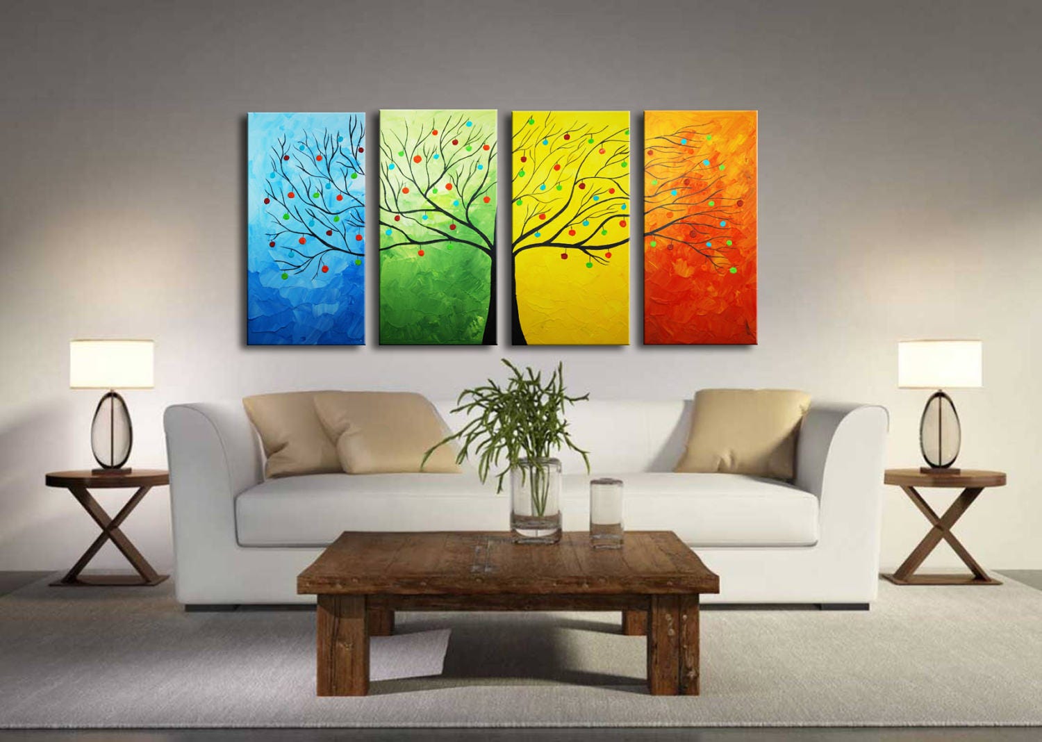 Large Abstract Tree Modern Large 4 Panels Painting Textured