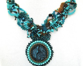 Statement jewelry Teal necklace Gift for women Beaded necklace, Freeform peyote necklace, Birthday gift
