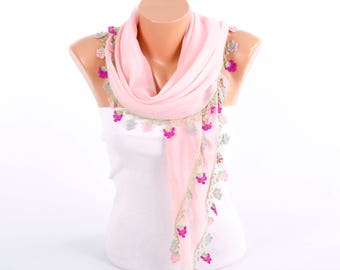 Turkish oya scarf , turkish yemeni , summer scarf with hand crocheted lace circles and tassel ,blush pink