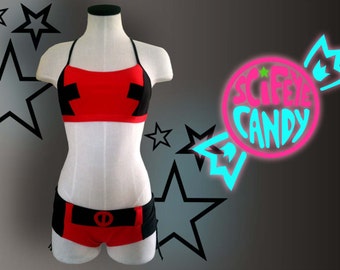 Lady Merc with a Mouth Deadpool inspired hero-kini x-kini swimsuit by SciFeyeCandy