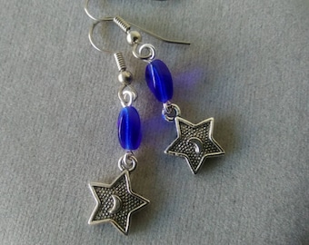 Star and Moon Earrings with Cobalt Blue Czech Glass Beads
