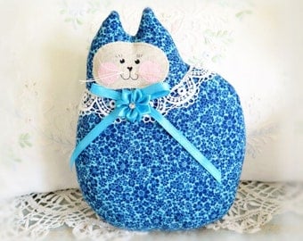 Cat Pillow Doll Cloth Doll 7 inch Cat, Royal Blue and Teal, Primitive Soft Sculpture Handmade CharlotteStyle Decorative Folk Art