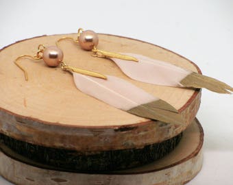 Boucles d'oreilles plume//bijoux amérindien//perle rose or//bijou plume//feather jewelry//native earrings//rose gold earrings
