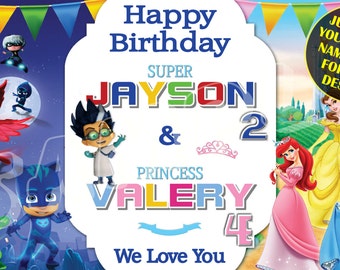 PJ Mask, Disney Princess Birthday Banner, PJ Mask Banner, Disney Princess Banner, Personalized Custom Birthday Banner Party Decoration
