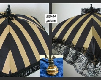 VICTORIAN PARASOL Umbrella in Black/Gold Stripe with Black Fringe or Lace Ruffle Bridal Steampunk Second Line Wedding Civil War Edwardian