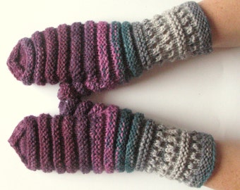Mittens Fingerless Gloves Purple Green Blue Gray Arm Warmers Knit Soft