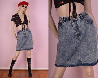 90s Acid Wash High Waisted Denim Skirt/ 28 Waist/ 1990s/ Jean/ Stone Wash/ Vintage