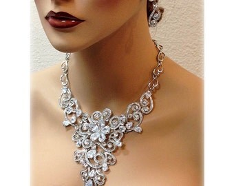 Bridal jewlery, Bridal back drop bib necklace earrings, vintage inspired Cubic Zirconia bridal necklace statement, wedding jewelry