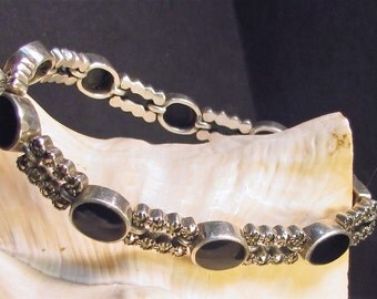 925 Sterling Silver, Marcasite and Onyx Bracelet, 7.5"