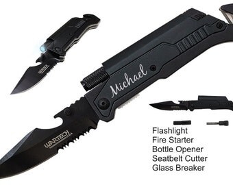 Personalized Survival knife, Groomsman Gift, Fathers Day Gift, Wedding Favors, Custom Knife, Spring Assisted, Best Man Gift, LED Light
