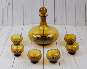 Vintage Amber Glass Liquor Decanter & Glasses