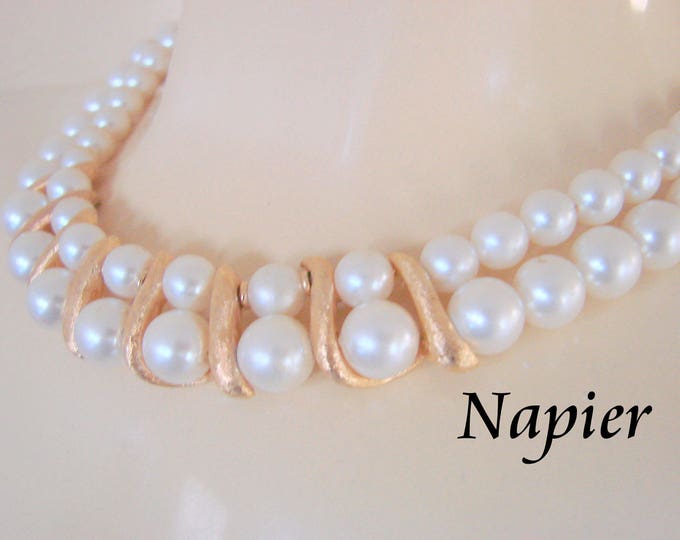 Vintage Napier Faux Pearl Goldtone Choker Necklace Designer Signed Jewelry Jewellery