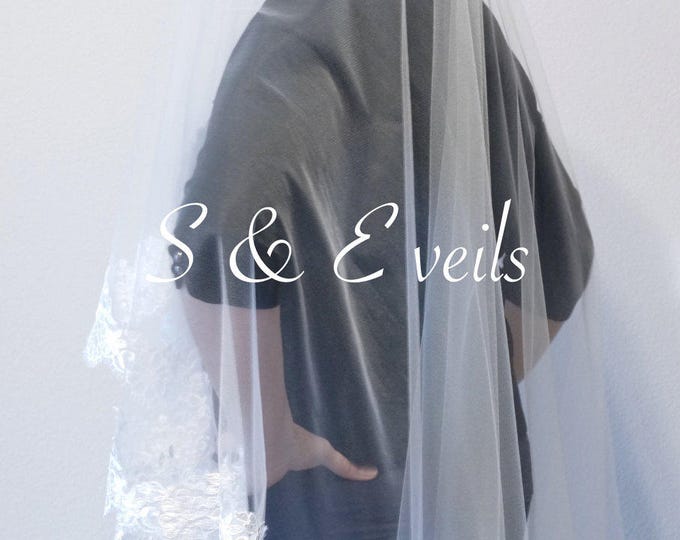 DROP Veil with LACE Applique edge, embellishments for any veil, chapel, hip,ivory and white colors, embroidery for veils, edge with lace