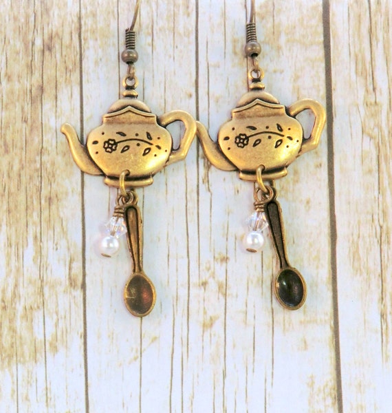 Teapot and spoon charm earrings antique brass tea time pearl