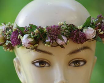 Mauve Rose BOHO Crown Head Lei, wedding headpiece, woodland flower, bridal hair flower, bridal headband, head garland