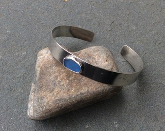RESERVED Listing for Billy, Sea glass jewelry, Bezel set blue sea glass and sterling silver bangle cuff bracelet