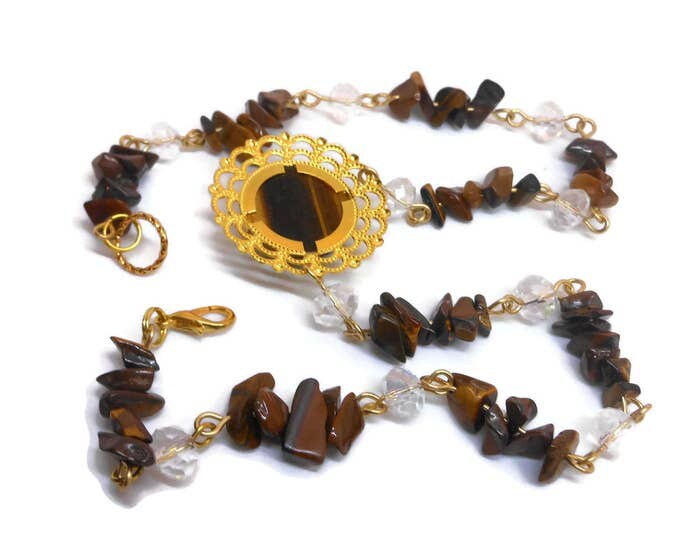 FREE SHIPPING Tiger's Eye necklace, Swarovski crystals, tiger's eye cabochon ornate frame focal, gold plated wire wrapped beads findings