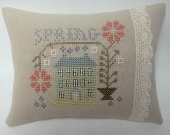 Primitive Spring Cross Stitch Mini Pillow MADE TO ORDER