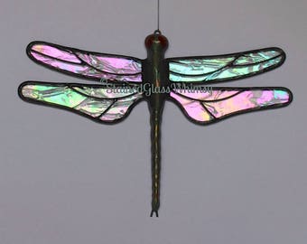 Stained Glass DRAGONFLY Suncatcher, Northern Lights Clear Rainbow Iridescent Wings, Handcast Metal Body, USA Handmade, Iridescent Firefly